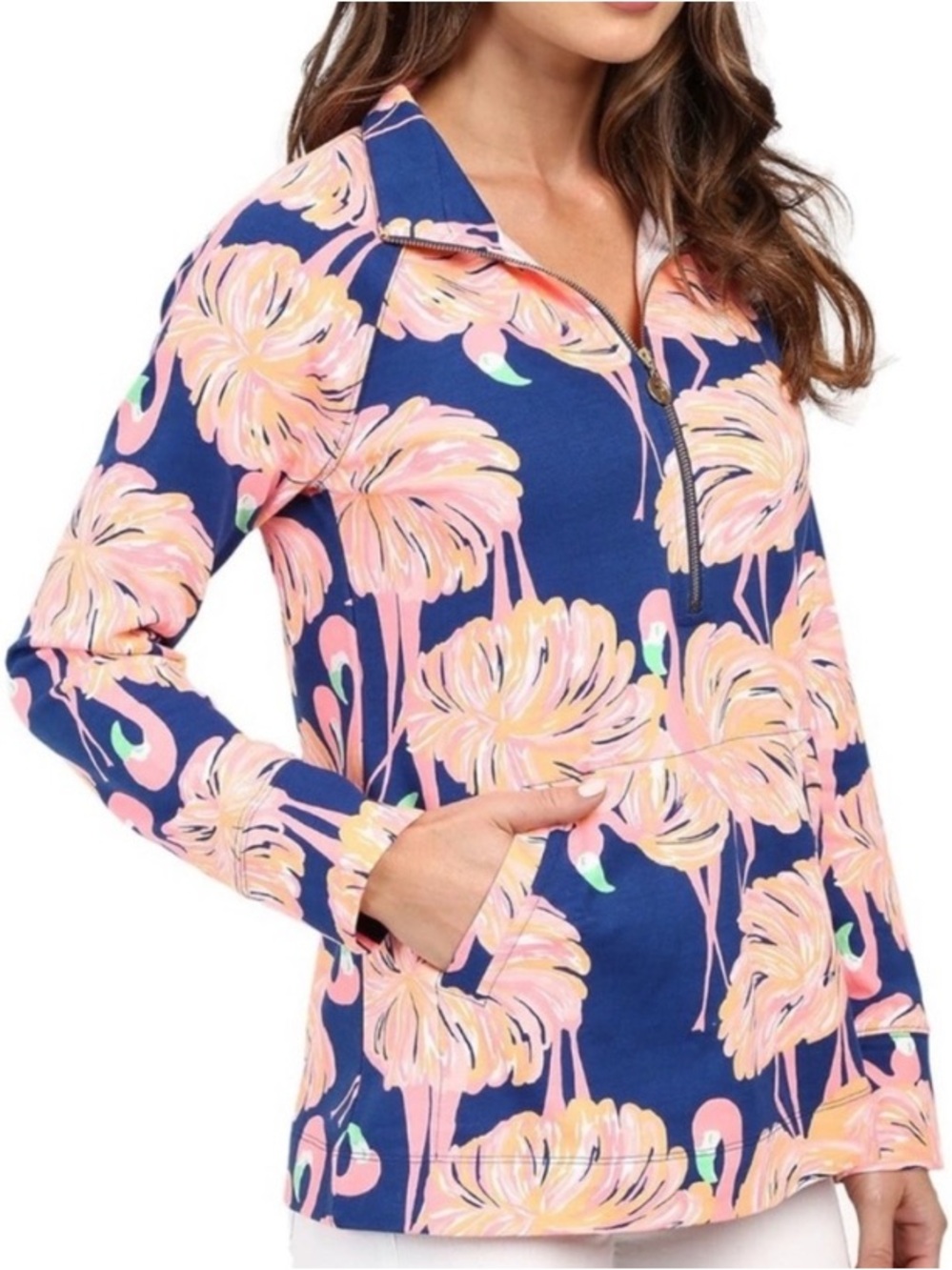 Lilly Pulitzer Sweatshirt Womens S Skipper Flamingo 1/2 Zip Pullover Popover